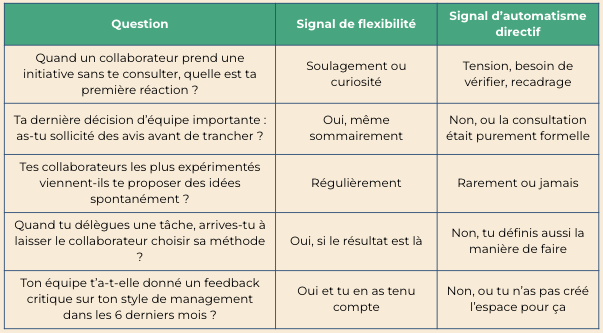Tableau questions introspectives manager trop directif flexibilité managériale